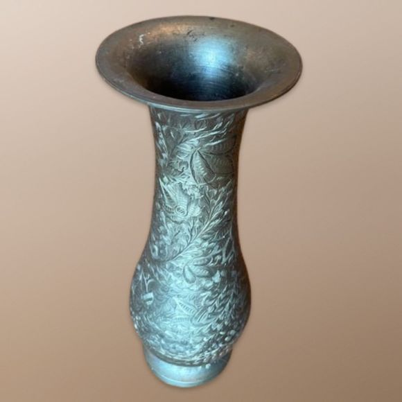 Vintage Etched Brass Vase, Boho 9” - Picture 1 of 3
